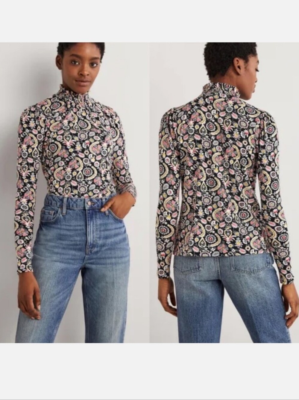 Boden Smocked Neck Printed Top - Black Tropic Charm